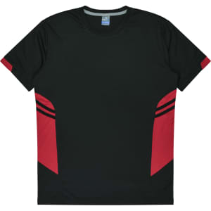 A black t-shirt with red accents on the sides and a logo on the collar. Ideal for kids.
