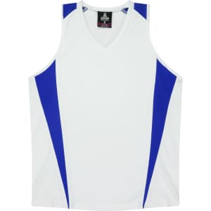 A white singlet with blue accents and a v-neck design, featuring a logo.