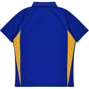A blue and yellow polo shirt with a sporty design and a logo on the chest area.