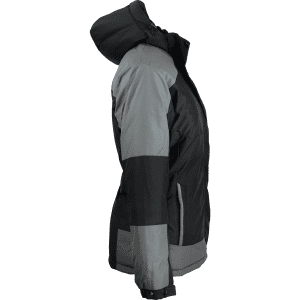 A black and grey jacket with a hood, featuring a logo on the side.