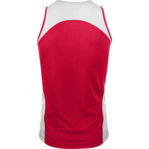 A red and white men's singlet with a contrasting design and a logo. Suitable for active wear.