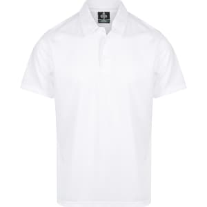 A white men's polo shirt featuring a collar and a logo. Suitable for casual or athletic wear.