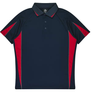 A navy blue polo shirt with red accents and a logo. Features a collar and short sleeves.