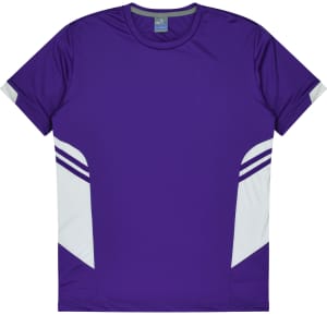 A purple T-shirt with white accent details and a logo on the collar, designed for kids.
