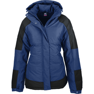 A navy blue jacket with black panels and a hood, featuring a zip closure and pockets.