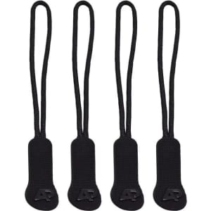 Four black zip puller accessories with loops and a small logo on each.