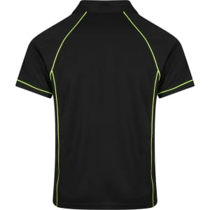 A black polo shirt featuring neon green piping and a logo on the back.