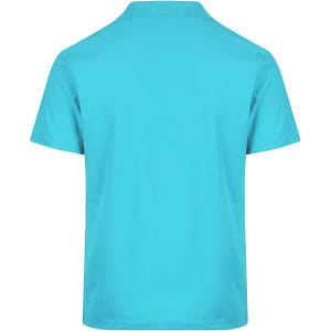 A turquoise polo shirt featuring a classic collar and short sleeves, showcases a clean, simple back design.