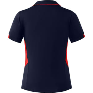 A navy blue polo shirt with red accents and a logo on the back.