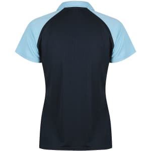 A navy and light blue polo shirt featuring a contrasting design and a logo on the back.