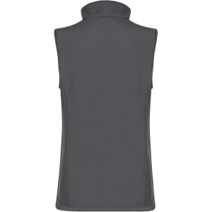 A grey sleeveless vest with a high collar, featuring a logo on the back.