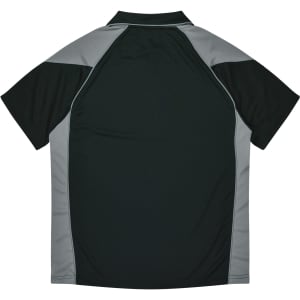 A dark green polo shirt with grey side panels and a logo. The shirt features a classic collar and short sleeves.