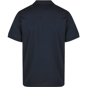 A dark navy polo shirt featuring a collar and short sleeves, with a branding logo.