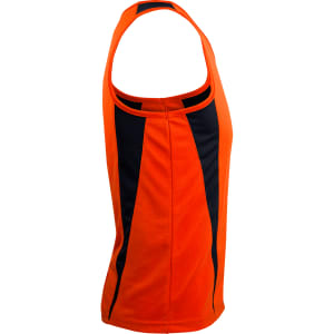An orange singlet featuring black side panels and a logo. Ideal for warm weather activities.
