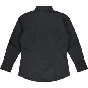 A black long sleeve button-up shirt with a fitted back and cuffed sleeves, featuring a logo.