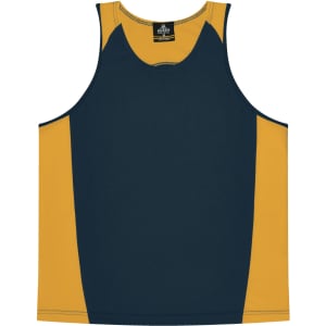 A navy and gold singlet featuring a sleeveless design and a logo at the top.
