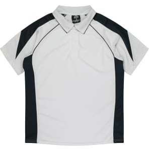 A white and navy polo shirt featuring a logo on the collar and a sporty design with contrasting panels.