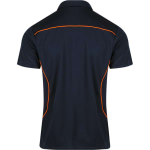 A navy polo shirt featuring orange piping and a branded logo on the back.