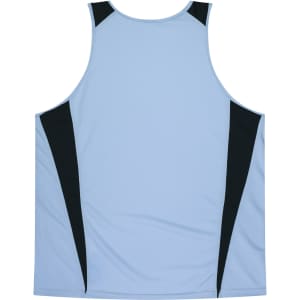 A light blue singlet with black side panels and a logo on the front.