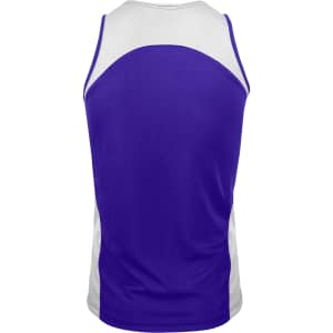 A purple and white men's singlet featuring a logo on the fabric.