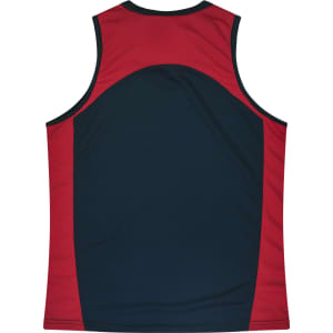 A sleeveless shirt in navy blue with red accents, featuring a logo on the back.