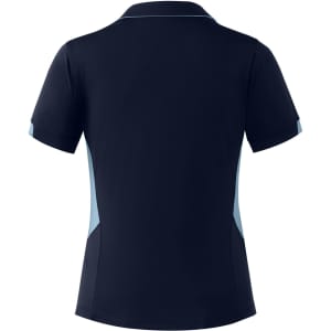 A dark navy polo shirt with light blue accents, featuring a logo on the back.