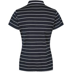 A navy and white striped polo shirt with a short collar and a fitted design. Features a logo on the chest.