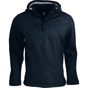 A navy soft shell jacket featuring a hood, zippered front, and branding. Ideal for outdoor wear.