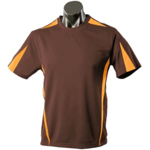 A brown T-shirt with orange accents and a logo on the chest, displayed on a mannequin.