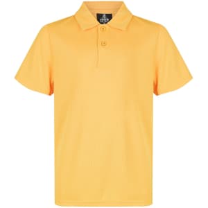 A yellow polo shirt featuring a collar and short sleeves, with a logo on the neck. Ideal for kids' sports uniforms.