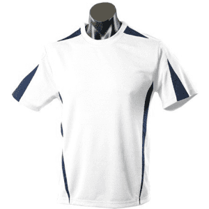 A white men's t-shirt featuring navy blue accents on the sides, displayed on a mannequin. It has a logo.