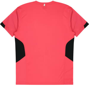 A bright pink T-shirt featuring black side panels and a logo. It has a classic short-sleeve design.