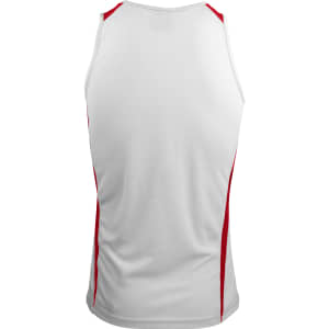 A white sleeveless singlet featuring red side panels and a logo.