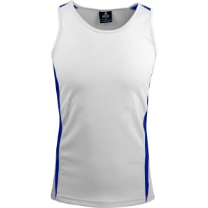 A white singlet with blue side accents and a logo on the neckline.