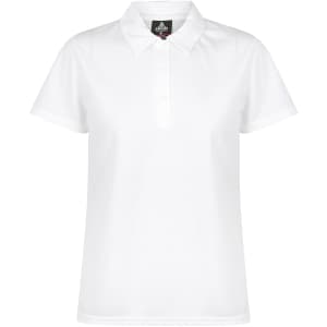 A white polo shirt with a collar and buttons, featuring a logo on the chest.