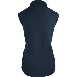 A navy work vest with a collar, featuring a fitted design and an unobtrusive logo.