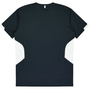 A dark green T-shirt featuring white detailing on the sides, with a logo on the back.