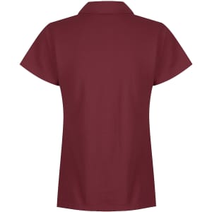 A maroon polo shirt featuring short sleeves and a classic collar, with a branded logo on the front.