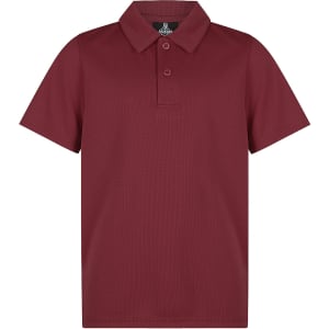A maroon polo shirt with a collar and three buttons, featuring a logo on the chest.