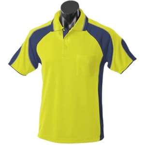 A bright yellow polo shirt with navy blue accents and a pocket, displayed on a mannequin. It features a logo.
