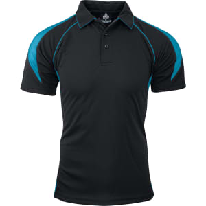 A black polo shirt featuring turquoise accents and a logo on the chest.