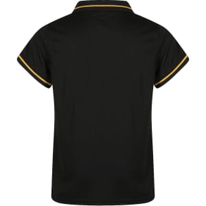 A black polo shirt with yellow trim, featuring a collar and short sleeves. The back view is displayed.