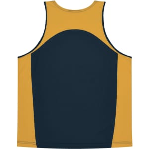 A singlet featuring a navy blue and gold colour scheme with a logo on the front.
