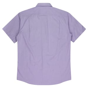 A short sleeve button-up shirt in light purple, featuring a plain back design and a collar, with a logo present.