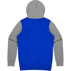 A blue hoodie with grey sleeves and a hood, featuring a logo on the back.