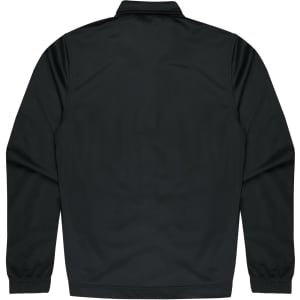 A black kids' jacket with a simple design and elastic cuffs, featuring a branding logo.