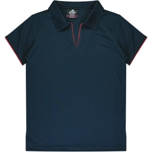 A dark navy polo shirt with a short collar and red trim, featuring a branding logo.