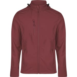 A maroon kids' jacket with a zip front, two side pockets, and a hood. It features a logo on the chest.