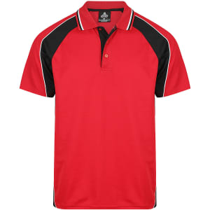 A red polo shirt with black and white accents and a logo on the chest area.