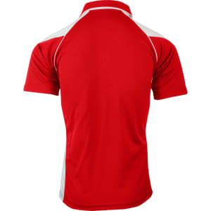 A red polo shirt with white accents and a logo on the back.